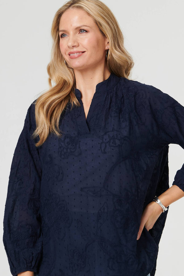 Navy | Embroidered Layered Long Sleeve Blouse