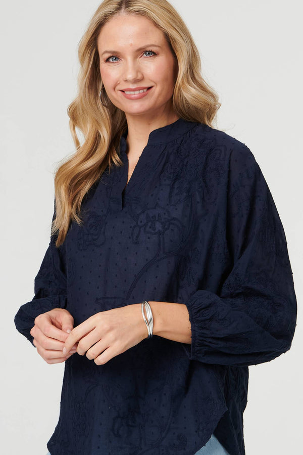 Navy | Embroidered Layered Long Sleeve Blouse