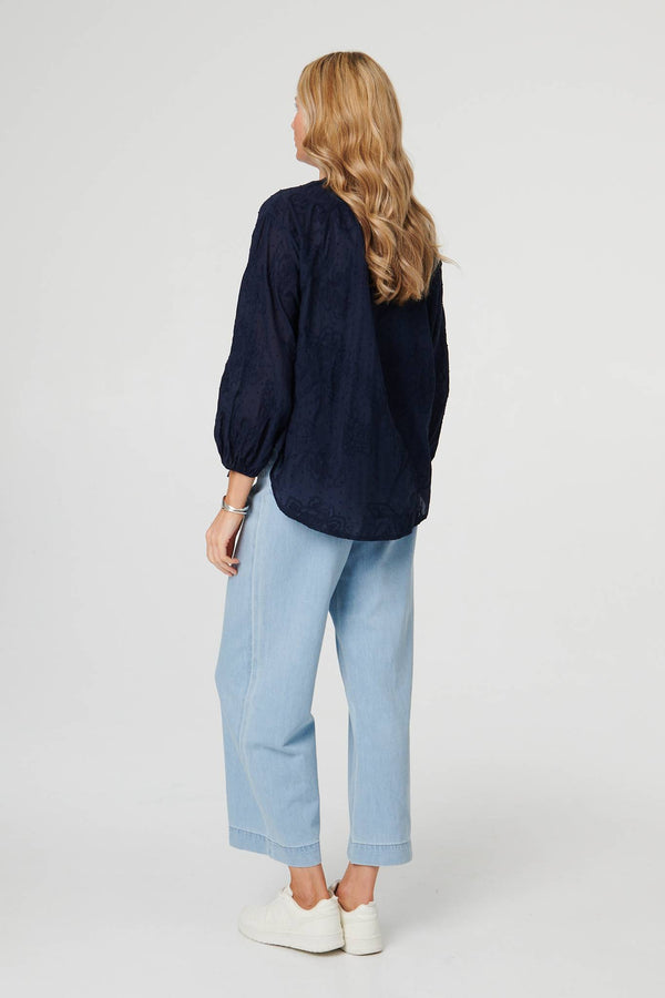 Navy | Embroidered Layered Long Sleeve Blouse
