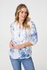 Blue | Floral 3/4 Sleeve Lace Trim Blouse
