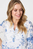 Blue | Floral 3/4 Sleeve Lace Trim Blouse
