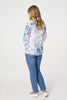 Blue | Floral 3/4 Sleeve Lace Trim Blouse
