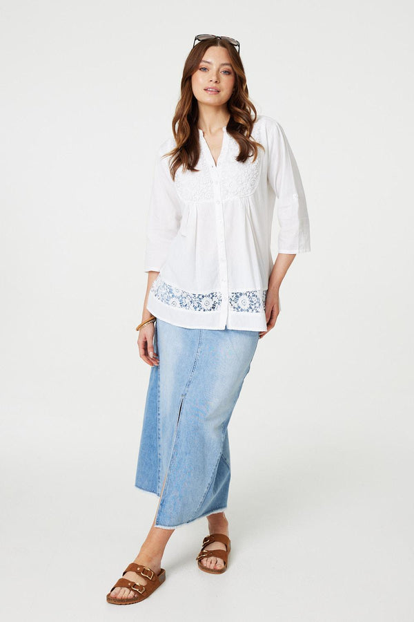 White | Lace Detail Collarless Button Down Shirt