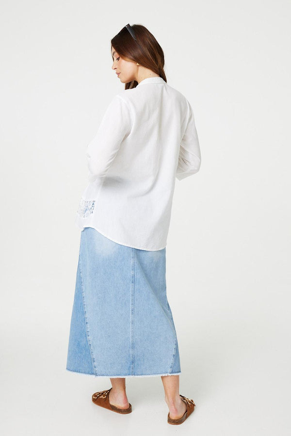 White | Lace Detail Collarless Button Down Shirt