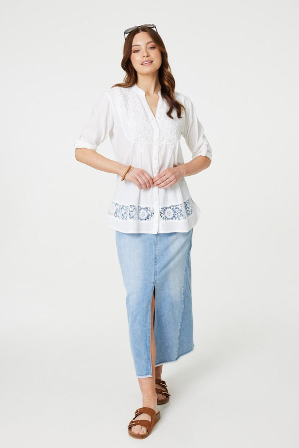 White | Lace Detail Collarless Button Down Shirt