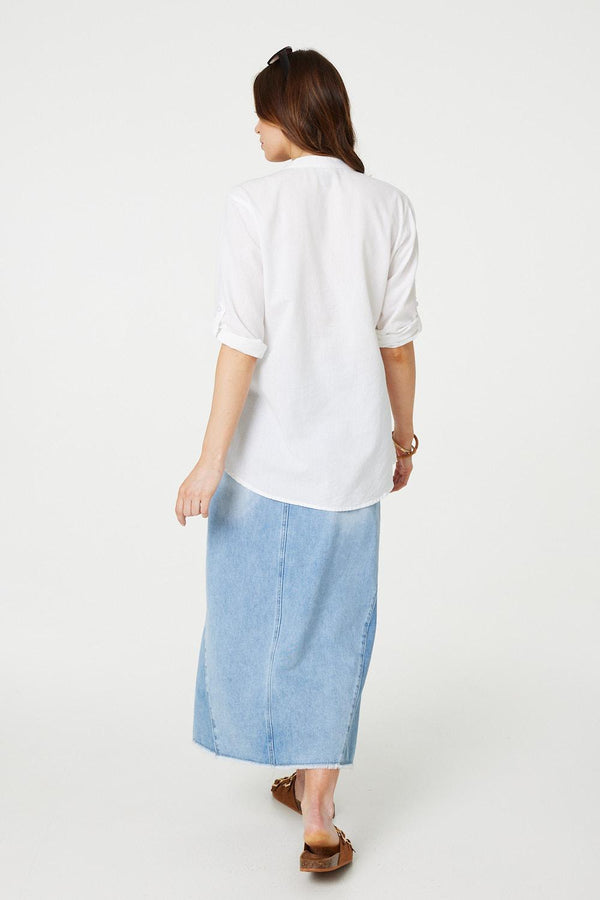 White | Lace Detail Collarless Button Down Shirt