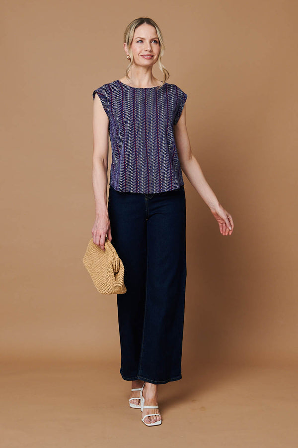 Blue | Chevron Print Cap Sleeve Top