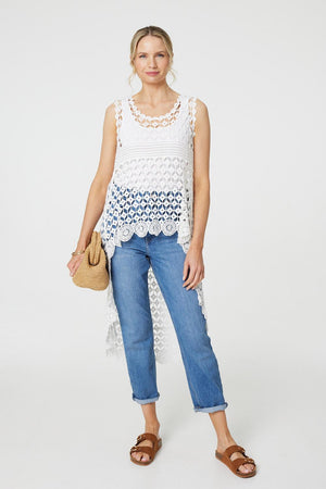 White | Lace Sleeveless High Low Top