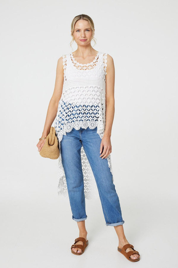 White | Lace Sleeveless High Low Top