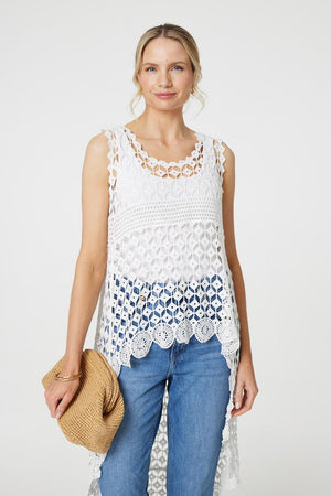 White | Lace Sleeveless High Low Top