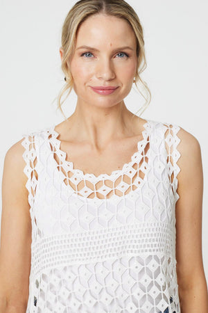 White | Lace Sleeveless High Low Top