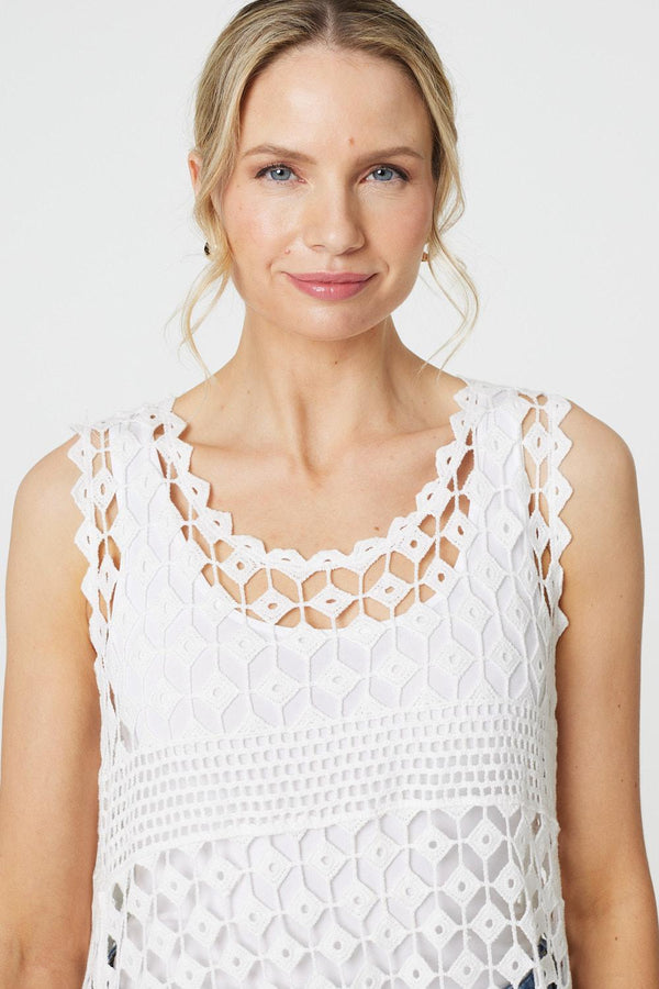 White | Lace Sleeveless High Low Top