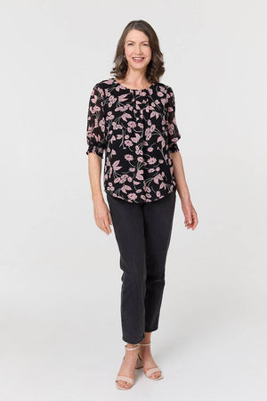 Black | Floral Relaxed 1/2 Puff Sleeve Blouse
