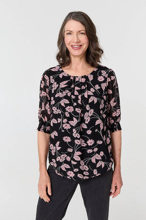 Black | Floral Relaxed 1/2 Puff Sleeve Blouse

