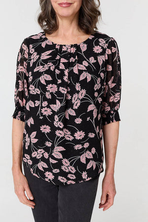 Black | Floral Relaxed 1/2 Puff Sleeve Blouse
