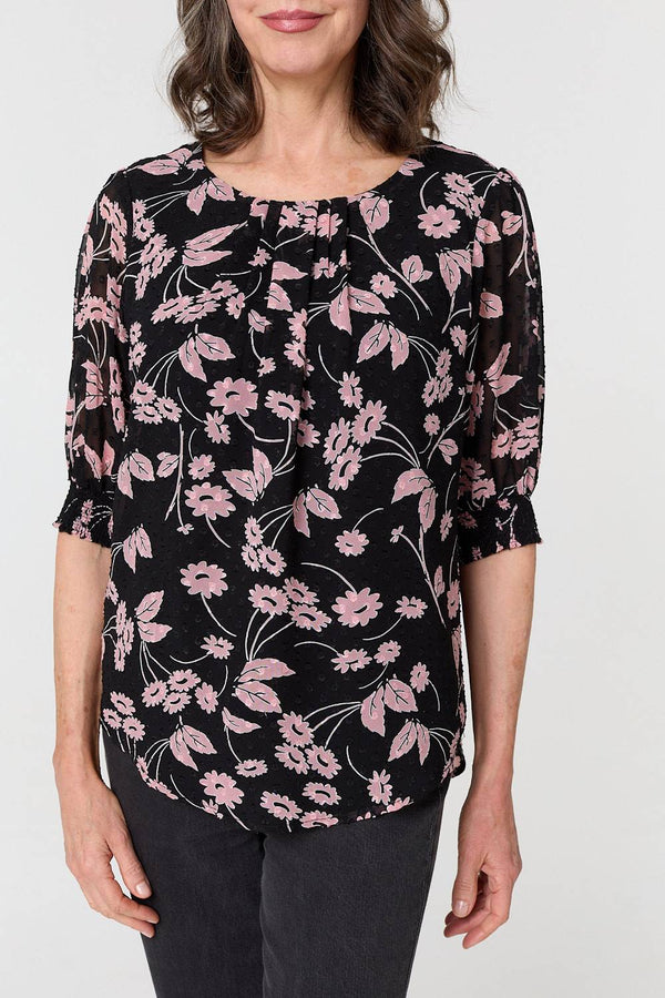 Black | Floral Relaxed 1/2 Puff Sleeve Blouse
