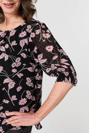Black | Floral Relaxed 1/2 Puff Sleeve Blouse
