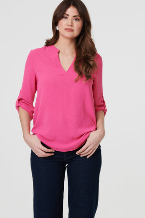 Pink | 3/4 Turn Up Sleeve Relaxed Blouse : Model is 5'9