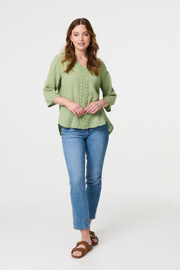 Green | Lace Detail V-Neck Relaxed Blouse