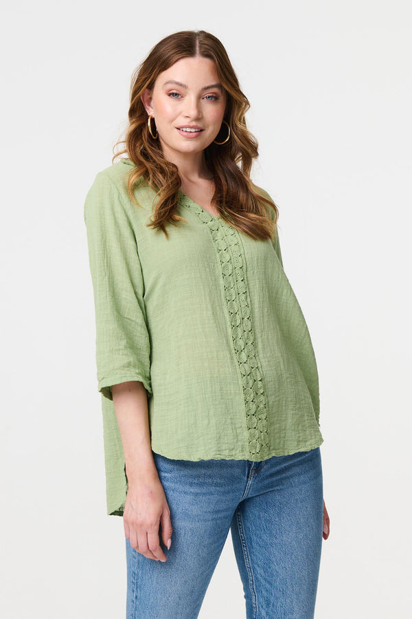 Green | Lace Detail V-Neck Relaxed Blouse
