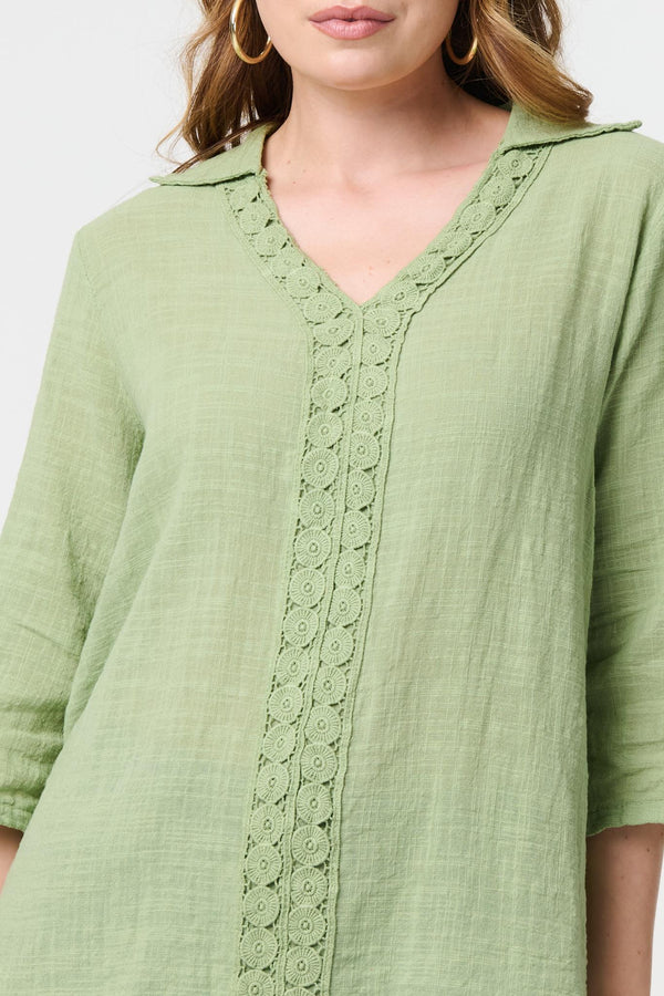 Green | Lace Detail V-Neck Relaxed Blouse