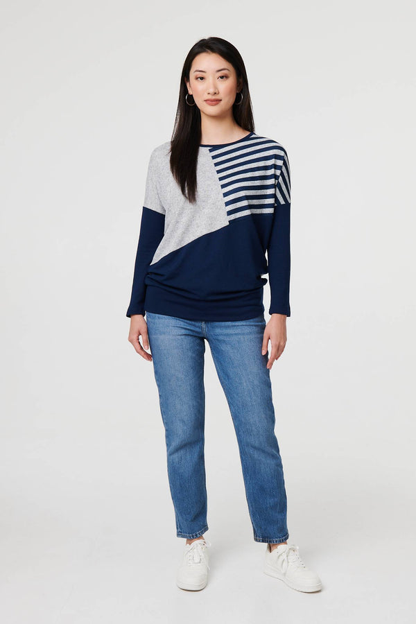 Navy | Geo Print Long Sleeve Drop Shoulder Top