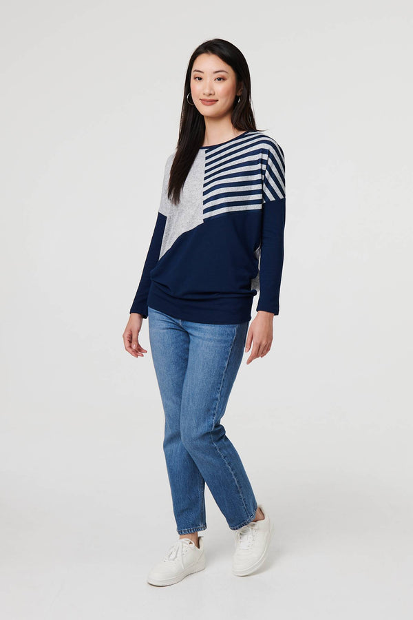 Navy | Geo Print Long Sleeve Drop Shoulder Top