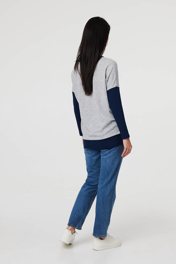 Navy | Geo Print Long Sleeve Drop Shoulder Top