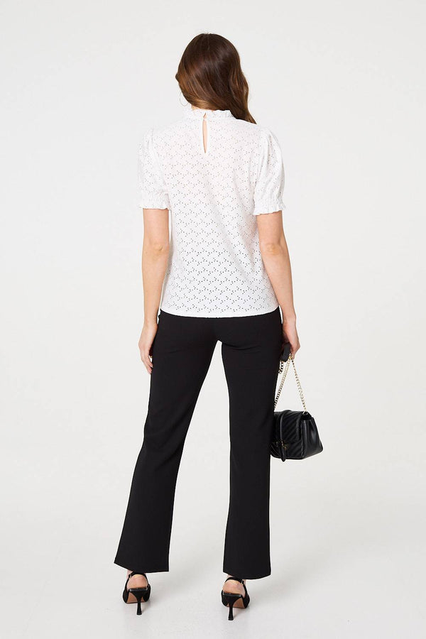 White | Lace Texture Frilled Short Sleeve Blouse

