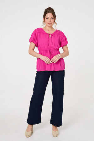 Pink | Ruched Short Puff Sleeve Peplum Blouse
