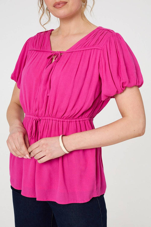 Pink | Ruched Short Puff Sleeve Peplum Blouse
