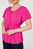 Pink | Ruched Short Puff Sleeve Peplum Blouse

