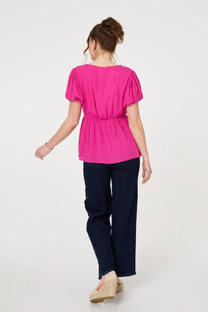 Pink | Ruched Short Puff Sleeve Peplum Blouse
