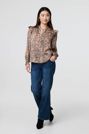 Beige | Animal Print Tie-Up Keyhole Neck Blouse : Model is 5'9