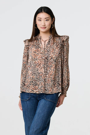 Beige | Animal Print Tie-Up Keyhole Neck Blouse
