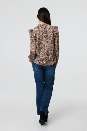 Beige | Animal Print Tie-Up Keyhole Neck Blouse
