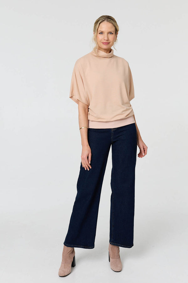 Beige | Roll Neck Button Back Relaxed Knit Top