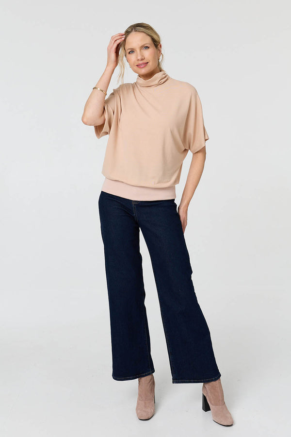 Beige | Roll Neck Button Back Relaxed Knit Top