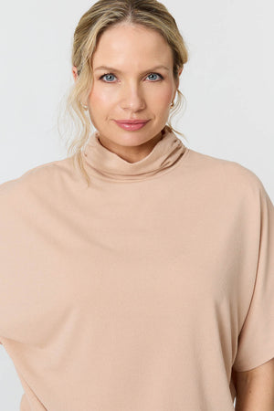 Beige | Roll Neck Button Back Relaxed Knit Top