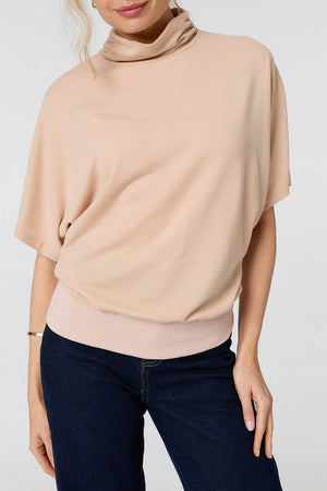 Beige | Roll Neck Button Back Relaxed Knit Top