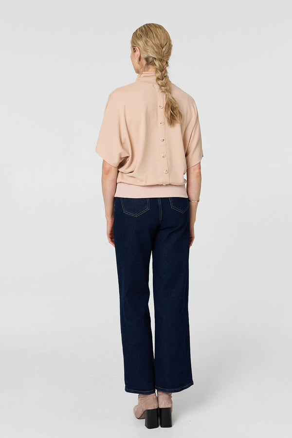 Beige | Roll Neck Button Back Relaxed Knit Top