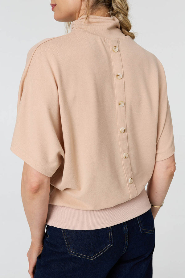 Beige | Roll Neck Button Back Relaxed Knit Top