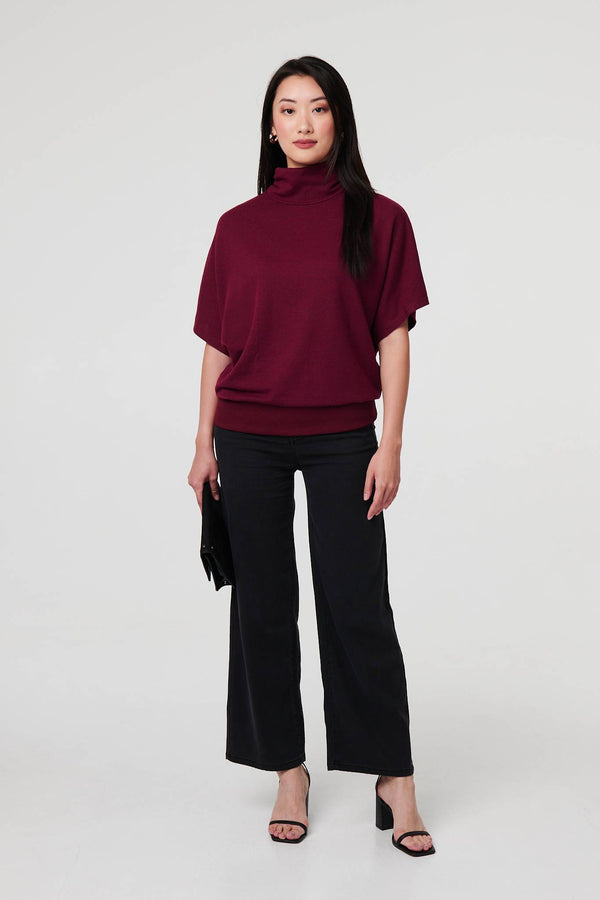Red | Roll Neck Button Back Relaxed Knit Top
