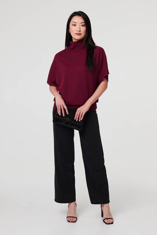 Red | Roll Neck Button Back Relaxed Knit Top
