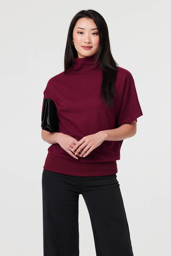 Red | Roll Neck Button Back Relaxed Knit Top
