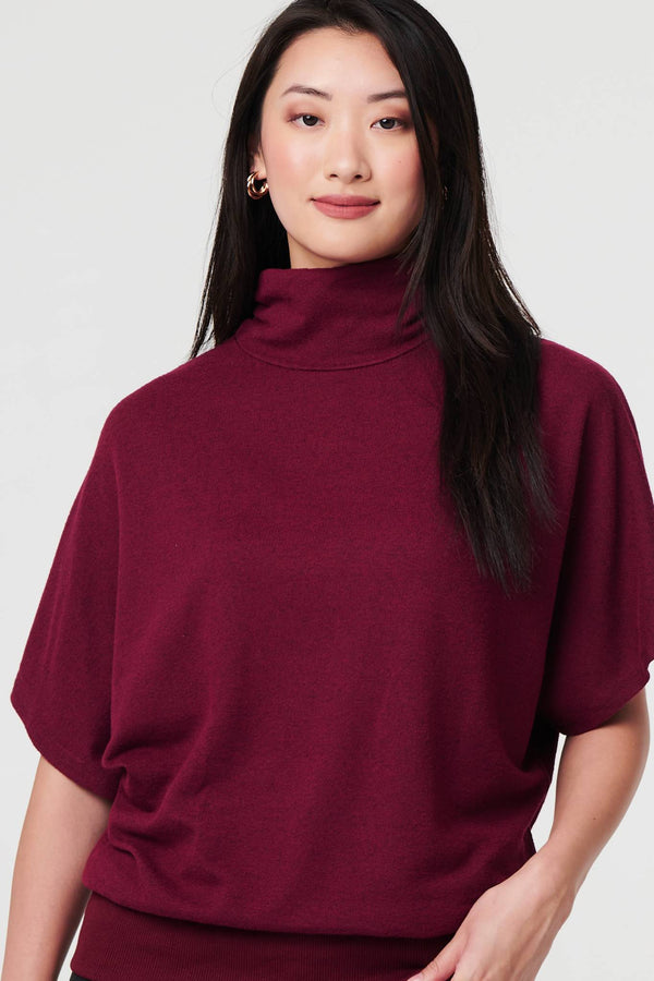 Red | Roll Neck Button Back Relaxed Knit Top
