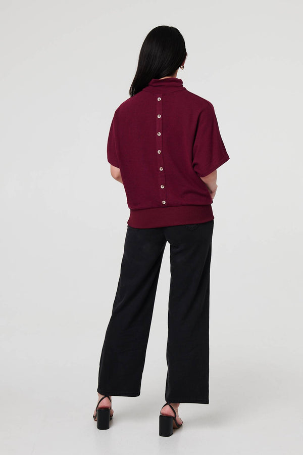 Red | Roll Neck Button Back Relaxed Knit Top
