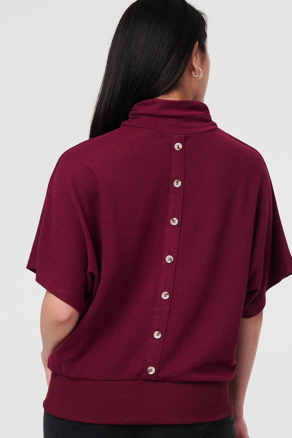 Red | Roll Neck Button Back Relaxed Knit Top
