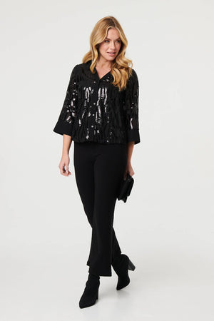 Black | Sequinned Semi Sheer 3/4 Sleeve Shirt
