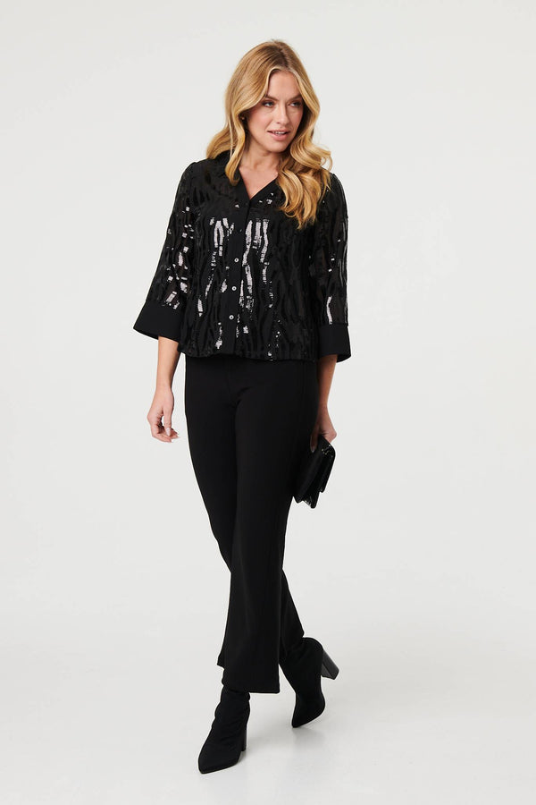 Black | Sequinned Semi Sheer 3/4 Sleeve Shirt
